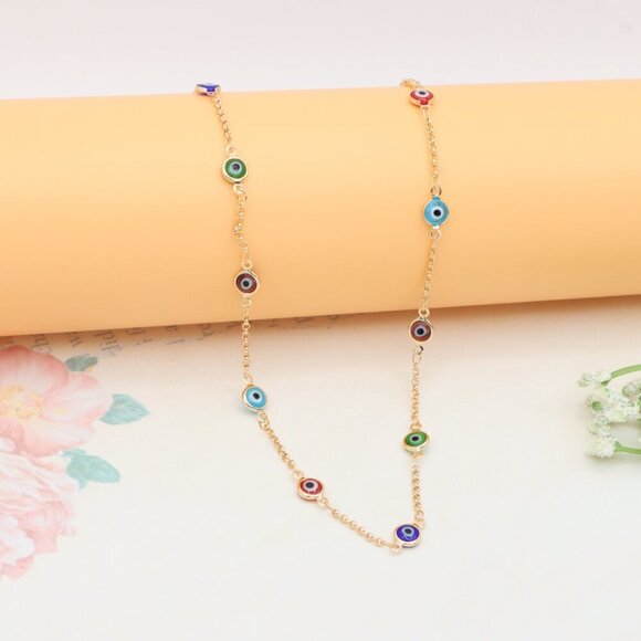 Rose Gold Evil Eye Necklace with Multicolor Enamel Beads, XPNL0390 - Picture 7 of 9